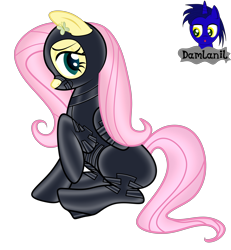 Size: 3840x4154 | Tagged: safe, artist:damlanil, imported from derpibooru, fluttershy, pegasus, pony, blushing, bondage, bondage mask, bound wings, catsuit, clothes, collar, commission, cute, cutie mark accessory, female, gag, gimp suit, high heels, hood, latex, latex suit, makeup, mare, muzzle gag, raised hoof, rubber, shiny, shiny mane, shoes, show accurate, shyabetes, simple background, sitting, solo, story, story included, transparent background, vector, wings