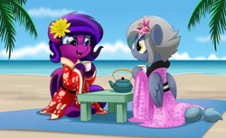 Size: 800x491 | Tagged: safe, artist:jhayarr23, imported from derpibooru, oc, oc only, bat pony, pegasus, pony, beach, clothes, female, flower, kettle, kimono (clothing), mare