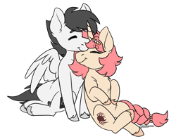 Size: 1201x950 | Tagged: safe, artist:cosmalumi, artist:its-gloomy, imported from derpibooru, oc, oc only, oc:arcane word, oc:domino, pegasus, pony, unicorn, fanfic:friendship is optimal, cute, duo, eyes closed, female, male, nuzzling, simple background, smiling, spread wings, transparent background, wings