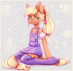 Size: 2576x2500 | Tagged: safe, artist:zefirka, imported from derpibooru, applejack, semi-anthro, clothes, cute, ear fluff, freckles, high res, jackabetes, looking at you, off shoulder, overalls, sitting, solo, stockings, thigh highs