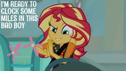 Size: 1280x720 | Tagged: safe, edit, edited screencap, editor:quoterific, imported from derpibooru, screencap, sunset shimmer, driving miss shimmer, equestria girls, equestria girls series, clothes, cutie mark, cutie mark on clothes, driving miss shimmer: fluttershy, female, fluttershy's car, jacket, jewelry, leather, leather jacket, necklace, seatbelt, smiling, solo, steering wheel