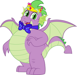 Size: 5000x4920 | Tagged: safe, artist:aleximusprime, artist:n0kkun, edit, imported from derpibooru, spike, dragon, flurry heart's story, absurd resolution, bowtie, bowties are cool, crown, fat, fat spike, jewelry, looking at you, male, older, older spike, open mouth, regalia, simple background, solo, transparent background, vector, winged spike, wings