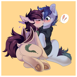 Size: 5500x5500 | Tagged: safe, artist:hk2309, imported from derpibooru, oc, oc:slumber tea, oc:tesseract, bat pony, pony, unicorn, blushing, butt, clothes, commission, couple, cute, hoodie, kiss on the lips, kissing, looking at each other, love, oc x oc, plot, shipping, simple background, sitting, slumberact, wholesome, ych result