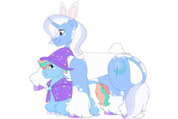 Size: 1280x854 | Tagged: safe, artist:itstechtock, imported from derpibooru, trixie, oc, oc:hocus pocus summer solstice, pony, magical lesbian spawn, offspring, parent:sunset shimmer, parent:trixie, parents:suntrix, simple background, white background