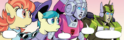 Size: 1889x623 | Tagged: safe, artist:caseycoller, edit, idw, imported from derpibooru, aunt holiday, auntie lofty, earth pony, pegasus, pony, spoiler:comic, spoiler:the magic of cybertron01, arcee, autobot, female, greenlight, hat, lesbian, meme template, open mouth, reaction image, sunglasses, the magic of cybertron, transformers, wide eyes