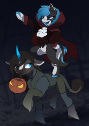 Size: 2481x3507 | Tagged: safe, artist:arctic-fox, imported from derpibooru, oc, oc only, oc:blue bell, oc:fúria, earth pony, pony, unicorn, clothes, costume, halloween, halloween costume, high res, holiday