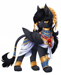 Size: 2480x3030 | Tagged: safe, artist:arctic-fox, imported from derpibooru, oc, oc only, sphinx, bracelet, clothes, egyptian, egyptian headdress, egyptian pony, headdress, high res, jewelry, leonine tail, looking at you, paws, ring, simple background, solo, sphinx oc, standing, tail, tail ring, white background, wings