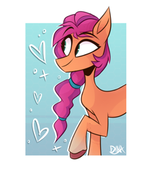 Size: 820x960 | Tagged: safe, artist:dinx-xyla, imported from derpibooru, sunny starscout, earth pony, pony, abstract background, braid, female, g5, heart, mare, raised hoof, signature, smiling, solo, sparkles, unshorn fetlocks