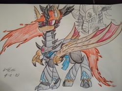 Size: 4096x3072 | Tagged: safe, artist:theironwolf45, imported from derpibooru, oc, oc:wyvern eclipse, dracony, dragon, hybrid, pony, armor, claws, fiery mane, fire, male, stallion, wing claws
