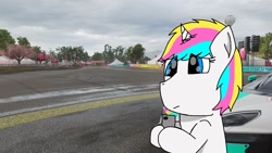 Size: 1280x720 | Tagged: safe, artist:foxfer64_yt, imported from derpibooru, oc, oc only, car, cellphone, forza horizon 4, frown, holding, irl, looking down, phone, photo, smartphone, tree