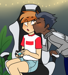 Size: 991x1098 | Tagged: safe, artist:/d/non, imported from derpibooru, button mash, rumble, human, blushing, chair, cheek kiss, clothes, commission, controller, dark skin, denim shorts, eyebrows, eyebrows visible through hair, eyes closed, gaming chair, gay, hoodie, humanized, indoors, jeans, kiss on the cheek, kissing, male, office chair, older, older button mash, older rumble, open mouth, pants, patreon, patreon reward, plant, playstation, playstation 5, ps5, rumblemash, shipping, shirt, shorts, sitting, t-shirt, winged humanization, wings