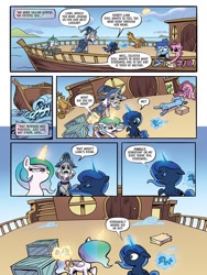 Size: 768x1024 | Tagged: safe, artist:akeemroberts, idw, imported from derpibooru, princess celestia, princess luna, star swirl the bearded, alicorn, earth pony, pony, unicorn, spoiler:comic, spoiler:comic98, boat, cewestia, female, filly, flashback, male, playing with toys, seasickness, season 10, stallion, sticking tongue out, tongue out, woona, younger