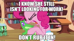 Size: 888x499 | Tagged: safe, artist:megalobronia, edit, edited screencap, imported from derpibooru, screencap, gummy, pinkie pie, tank, alligator, earth pony, pony, turtle, just for sidekicks, season 3, bag, can you spare a dime?, caption, eyes closed, female, golden oaks library, image macro, imgflip, male, meme, open mouth, saddle bag, spongebob squarepants, text, tourist, trio, yelling