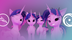 Size: 2580x1440 | Tagged: safe, artist:valiant studios, imported from derpibooru, twilight sparkle, oc, oc:twilight (dimensional shift), alicorn, pony, 3d, blender, dimensional shift, grin, looking at you, multeity, one eye closed, self ponidox, smiling, solo, sparkle sparkle sparkle, twilight sparkle (alicorn), wink, youtube banner