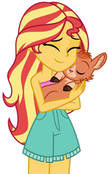 Size: 1024x1645 | Tagged: safe, artist:emeraldblast63, imported from derpibooru, sunset shimmer, goat, equestria girls, equestria girls series, spring breakdown, spoiler:eqg series (season 2), bare shoulders, clothes, clothes swap, cute, ecstasy, eyes closed, female, hug, long hair, multicolored hair, shimmerbetes, shorts, simple background, sleeveless, smiling, solo, transparent background
