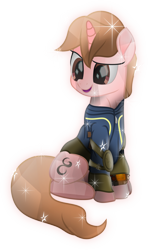 Size: 4041x6788 | Tagged: safe, artist:lincolnbrewsterfan, derpibooru exclusive, imported from derpibooru, oc, oc only, oc:calligraphy stroke, crystal pony, pony, unicorn, fallout equestria, my little pony: the movie, .svg available, absurd resolution, background pony oc, barding, brown eyes, brown mane, calligraphy, clothes, crystal pony oc, cute, fallout equestria oc, happy, highlights, horn, inkscape, jumpsuit, looking at something, male, movie accurate, neck line, ocbetes, pads, pipbuck, pipbuck 3000, shading, shield, sitting, smiling, sparkles, stallion, stallion oc, svg, unicorn oc, vault suit, vector