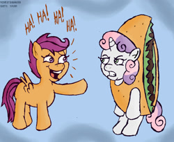 Size: 1460x1200 | Tagged: safe, artist:scobionicle99, imported from derpibooru, scootaloo, sweetie belle, pegasus, pony, unicorn, clothes, costume, female, filly, food, food costume, gritted teeth, laughing, pointing, pun, sweetie belle is not amused, taco, taco belle, taco costume, teasing, unamused, visual pun