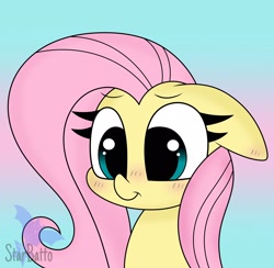 Size: 2048x1998 | Tagged: safe, artist:starbatto, imported from derpibooru, fluttershy, pegasus, pony, blushing, bust, cute, female, floppy ears, gradient background, high res, mare, portrait, shyabetes, smiling, solo, three quarter view