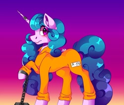 Size: 1080x915 | Tagged: safe, artist:tessa_key_, imported from derpibooru, izzy moonbow, pony, unicorn, chained, chains, clothes, female, g5, horn, horn ring, jewelry, magic suppression, mare, prison outfit, prisoner, prisoner im, raised hoof, ring, shackles, shading, solo