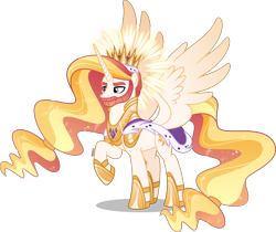 Size: 4000x3356 | Tagged: safe, artist:orin331, imported from derpibooru, princess celestia, alicorn, pony, armor, beard, cape, clothes, crown, ethereal mane, facial hair, hair tie, halo, high res, horn, jewelry, male, prince solaris, raised hoof, redesign, regalia, rule 63, simple background, stallion, transparent background, wings