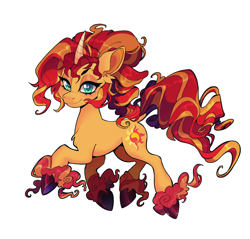 Size: 2048x1956 | Tagged: safe, artist:_psiionix_, artist:nkomaeda, imported from derpibooru, sunset shimmer, pony, unicorn, alternate mane, curved horn, dock, female, horn, looking at you, mare, simple background, smiling, solo, unshorn fetlocks, white background