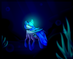 Size: 2500x2000 | Tagged: safe, artist:jessy2015, imported from derpibooru, oc, oc only, alicorn, pony, blue eyes, bubble, crepuscular rays, dark, deviantart watermark, flowing mane, glow, glowing horn, horn, obtrusive watermark, ocean, open mouth, seaweed, solo, underwater, water, watermark, wings