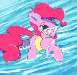 Size: 3078x3000 | Tagged: safe, artist:vultraz, pinkie pie, earth pony, pony, female, glasses, looking at you, mare, raised hoof, smiling, swim ring, water