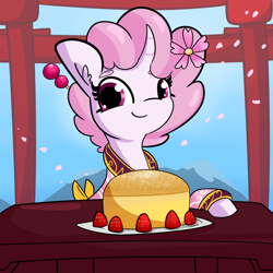 Size: 2048x2048 | Tagged: safe, artist:tjpones, imported from derpibooru, oc, unicorn, cake, cherry blossoms, flower, flower blossom, food
