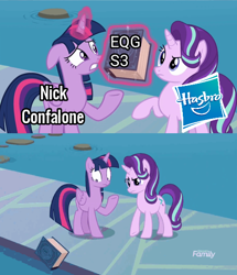 Size: 516x600 | Tagged: safe, edit, edited screencap, imported from derpibooru, screencap, starlight glimmer, twilight sparkle, alicorn, pony, unicorn, equestria girls, school daze, book, comic, duo, duo female, female, hasbro, mare, metaphor, nick confalone, op can't let go, school of friendship, screencap comic, teeth, the end of equestria girls, twilight sparkle (alicorn), worried