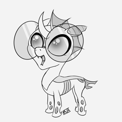 Size: 4000x4000 | Tagged: safe, artist:evan555alpha, imported from ponybooru, oc, oc only, oc:yvette (evan555alpha), changeling, big head, changeling oc, chibi, cute, dorsal fin, evan's daily buggo, fangs, female, forked tongue, glasses, ocbetes, open mouth, ponybooru exclusive, round glasses, signature, simple background, sketch, solo, standing, tongue out, white background, wide eyes
