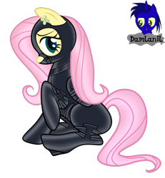 Size: 3840x4154 | Tagged: safe, artist:damlanil, imported from derpibooru, fluttershy, pegasus, pony, blushing, bondage, bondage mask, catsuit, clothes, collar, cute, cutie mark accessory, female, gag, gimp suit, high heels, hood, latex, latex suit, makeup, mare, muzzle gag, raised hoof, rubber, shiny, shiny mane, shoes, show accurate, shyabetes, simple background, sitting, solo, transparent background, vector, wings