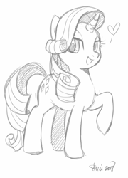 Size: 1004x1391 | Tagged: safe, artist:nekoshiei, pony, unicorn, heart, monochrome, open mouth, raised hoof, simple background, smiling