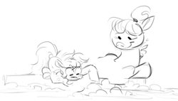 Size: 1009x575 | Tagged: safe, artist:imsokyo, earth pony, pony, drawthread, female, foal, monochrome, mother and child, mother and daughter, smiling, snow