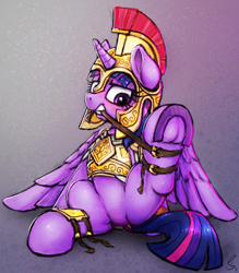 Size: 1500x1712 | Tagged: safe, artist:selenophile, edit, twilight sparkle, alicorn, pony, armor, athena sparkle, breastplate, costume, dock, dressing, featureless crotch, female, helmet, mare, mouth hold, nudity, raised hoof, sitting, solo, solo female, twilight sparkle (alicorn), underhoof