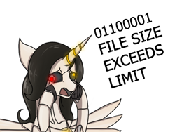 Size: 800x600 | Tagged: safe, artist:andromailus, oc, oc only, oc:piezo, pony, robot, robot pony, dialogue, heterochromia, horn, open mouth, simple background, solo, white background, wings