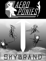Size: 1500x2000 | Tagged: safe, artist:andromailus, oc, oc only, original species, plane pony, pony, cloud, cover art, eurofighter typhoon, f-15 eagle, f-16, f-22 raptor, flying, monochrome, plane, text