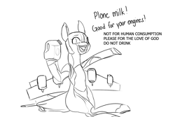 Size: 1500x1000 | Tagged: safe, artist:andromailus, oc, oc only, original species, plane pony, pony, black and white, dialogue, female, gas can, grayscale, kc-135, monochrome, open mouth, plane, plone milk, sitting, solo