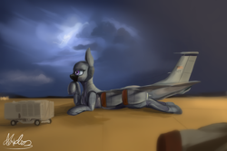 Size: 1500x1000 | Tagged: safe, artist:andromailus, oc, oc only, original species, plane pony, pony, cloud, cloudy, female, hoof on chin, kc-135, lightning, lying down, plane, prone, purple eyes, signature, solo, sploot, storm