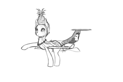 Size: 1500x1000 | Tagged: safe, artist:andromailus, oc, oc only, original species, plane pony, pony, black and white, clothes, da40, dancing, female, food, grass skirt, grayscale, lei, monochrome, pineapple, plane, raised hoof, skirt, smiling, solo