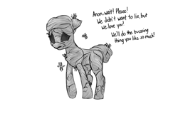 Size: 1500x1000 | Tagged: safe, artist:andromailus, oc, oc only, insect, pony, wasp, dialogue, female, mare, monochrome, sad, simple background, solo, wasp hive, wasp hive pony, white background