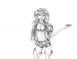 Size: 1400x1069 | Tagged: safe, artist:baron engel, imported from ponybooru, sunset shimmer, equestria girls, anime, clothes, crossover, female, grayscale, looking at you, monochrome, shorts, solo, tengen toppa gurren lagann, traditional art