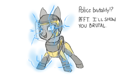 Size: 1500x1000 | Tagged: safe, artist:andromailus, oc, oc only, pony, taser pony, dialogue, electricity, looking at you, open mouth, police brutality, riot gear, simple background, solo, taser, white background