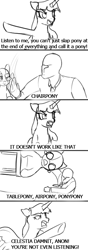 Size: 300x851 | Tagged: safe, artist:anonymous, twilight sparkle, oc, oc:anon, alicorn, human, object pony, original species, pony, air pony, black and white, chair pony, comic, dialogue, female, frustrated, grayscale, horn, mare, monochrome, open mouth, ponified, shrunken pupils, table pony, twilight sparkle (alicorn), wings