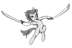 Size: 1500x1000 | Tagged: safe, artist:andromailus, oc, oc only, oc:ariel, pony, undead, zombie, zombie pony, dual wield, female, katana, looking at you, mare, monochrome, simple background, solo, stitches, sword, weapon, white background