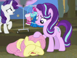 Size: 640x484 | Tagged: safe, imported from ponybooru, screencap, applejack, fluttershy, rarity, starlight glimmer, animated, clothes, dress, duo focus, gif, hooves on face, open mouth, patting, raised hoof, raised leg, rubbing head