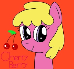 Size: 753x698 | Tagged: safe, artist:hickeryofrick, imported from derpibooru, cherry berry, earth pony, pony, background pony, cherry, cutie mark, female, food, mare, orange background, signature, simple background, smiling