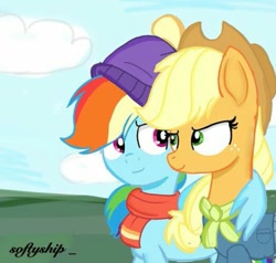 Size: 523x498 | Tagged: safe, imported from derpibooru, applejack, rainbow dash, earth pony, pegasus, pony, appledash, clothes, female, hug, lesbian, shipping, softyship, winghug, wings, winter outfit