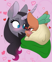 Size: 1084x1286 | Tagged: safe, artist:0xyr0, imported from derpibooru, cashmere (tfh), oleander, classical unicorn, deer, reindeer, unicorn, them's fightin' herds, awwleander, blushing, boop, bust, cashleander, clothes, cloven hooves, community related, curved horn, cute, floating heart, glasses, grin, heart, heart eyes, horn, imminent kissing, leonine tail, lidded eyes, looking at each other, noseboop, oleander (tfh), pink background, scarf, shipping, simple background, smiling, unshorn fetlocks, wavy mouth, wide eyes, wingding eyes