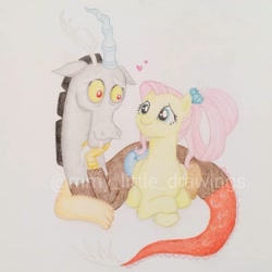 Size: 1079x1079 | Tagged: safe, artist:mmy_little_drawings, imported from derpibooru, discord, fluttershy, draconequus, pegasus, pony, crossed arms, discoshy, eyelashes, female, heart, lying down, male, mare, prone, shipping, smiling, straight, traditional art, watermark