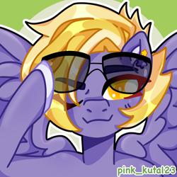 Size: 3000x3000 | Tagged: safe, artist:pink_kutal23, imported from derpibooru, oc, oc only, oc:lila lilark, pegasus, pony, blonde, blonde hair, blonde mane, one eye closed, purple fur, solo, sunglasses, wink